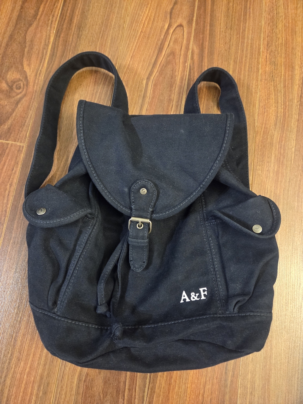 NEW Abercrombie & Fitch Black Canvas Flap Drawstring Backpack